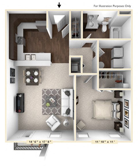 Floor plan for 1 bed, 1 bath, 785 sqft